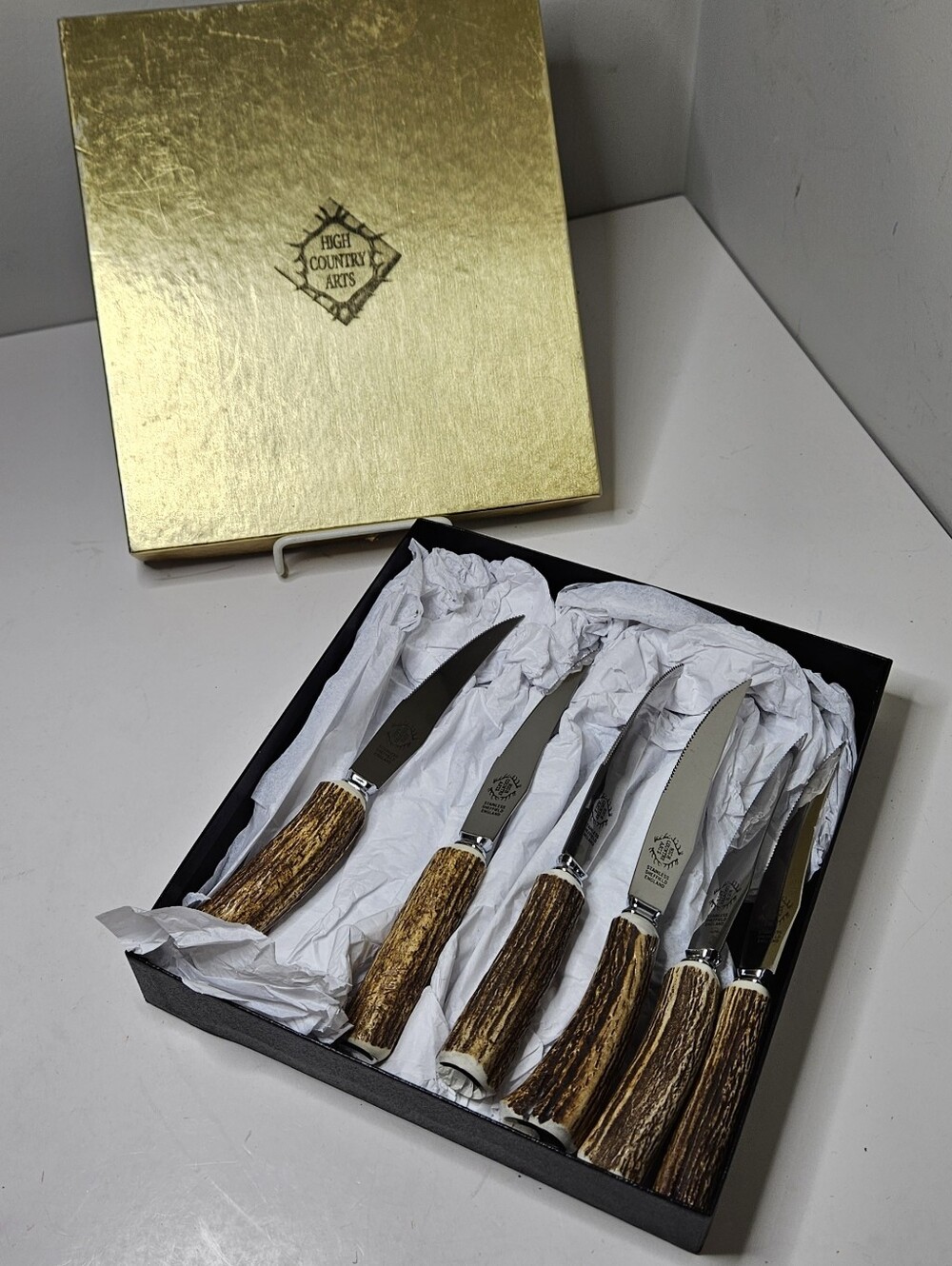 Six Sheffield Stag Antler Steak Knives High Country Arts Genuine Gold End NIB